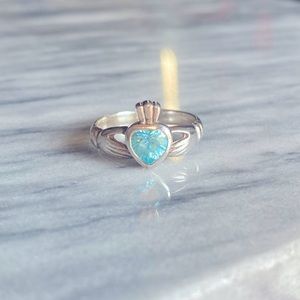 Sterling Silver Claddagh Ring with Blue Stone